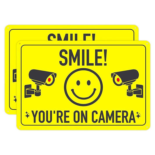 Smile You're on Camera Warning Sign, 2pcs/set Creative Video Surveillance Metal Tin Sign, Security Warning Sign for Outdoor Yard