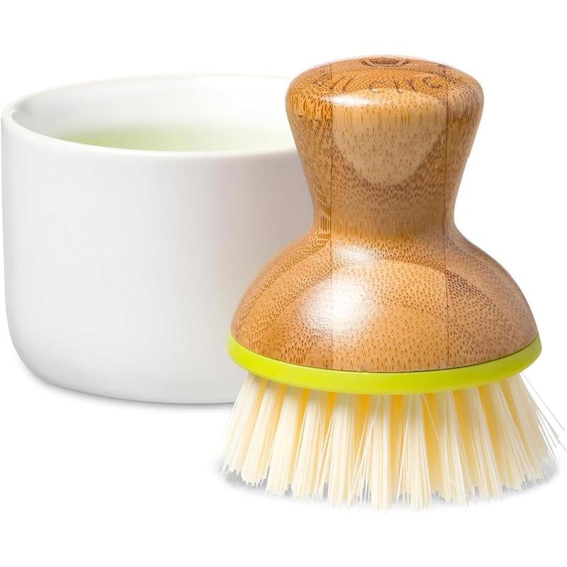 Bubble Up Ceramic Soap Dispenser & Bamboo Handle Dish Brush - Replaceable Kitchen Dish Scrubber with Soap Holder, White