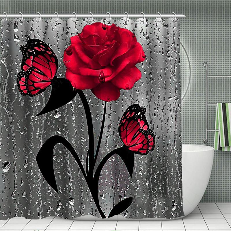 Rose & Butterfly Pattern Bathroom Decor Set, 1 Count/4 Counts Modern Waterproof Bathroom Shower Curtain with 12pcs Hooks, Bathroom Accessories for Home Decor