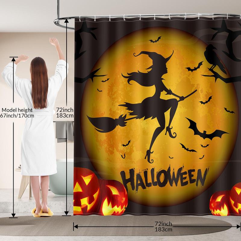 Halloween Themed Shower Curtain, Skull & Pumpkin & Castle Pattern Bathroom Curtain with 12pcs Hooks, Waterproof Shower Curtain for Bathroom Decor