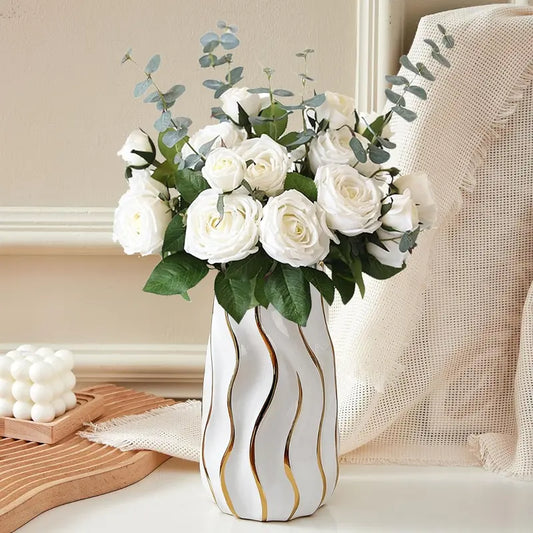 Ceramic Vase, White Vase for Home Decor,Decorative Flower Vase, Vertical Stripe Ceramic Vases for Home D¨¦cor, Bedroom, Office, Living Room, Bathroom, Tabletop Decor, Centerpiece (White)