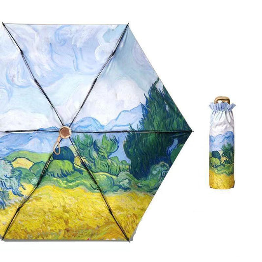 Oil Painting Wheat Field Pattern Foldable Umbrella, 1 Count Portable Lightweight Manual Umbrella, Waterproof Sun Protection Umbrella for Outdoor