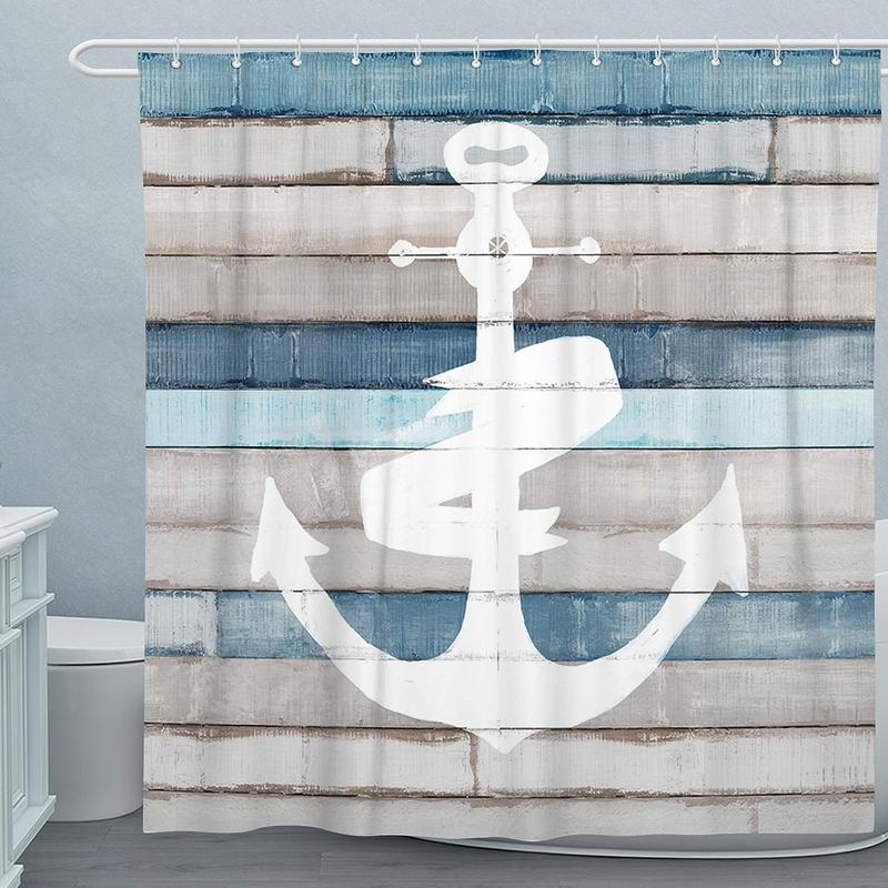 SUMGAR Nautical Shower Curtain Anchor Coastal Beach Theme Rustic Striped Decorative Polyester Fabric Cloth Washable Bathroom Shower Curtains Set with Hooks, 72x72 Inch Metal Metal