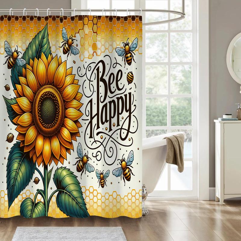 Sunflower & Bee & Letter Pattern Shower Curtain, 1 Count Waterproof Shower Curtain with Hooks, Bathroom Accessories for Home Dorm Hotel