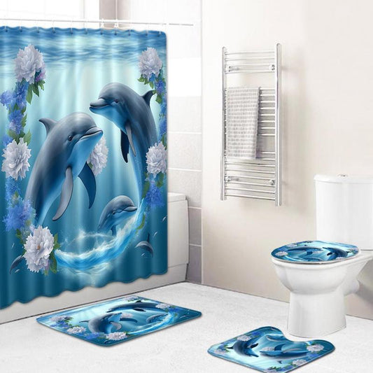 Dolphin Pattern Bathroom Accessories (4 Counts/set), Including 1 Count Shower Curtain, 1 Count Toilet Lid Mat, 2 Counts Bathroom Rug, Modern Fashion Texture Bathroom Accessories