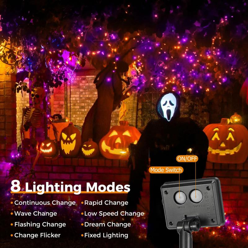 Happy Halloween!! 4 Pack Solar Halloween String Lights Outdoor, 320LED 132FT Orange Purple Solar Fairy Lights Outside Waterproof, 8 Modes Solar Powered Twinkle Lights for Tree Garden Patio Halloween Decorations