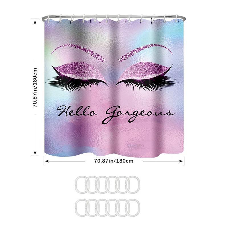 Eyelash Pattern Shower Curtain (1 Piece), Hello Gorgeous Letter Graphic Shower Curtain with 12pcs Hooks, Waterproof Shower Curtain, Bathroom Supplies