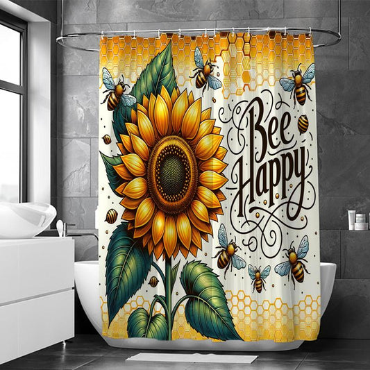 Sunflower & Bee & Letter Pattern Shower Curtain, 1 Count Waterproof Shower Curtain with Hooks, Bathroom Accessories for Home Dorm Hotel