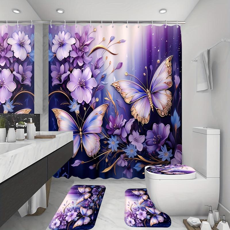 Butterfly & Floral Pattern Bathroom Accessories Set (4 Counts), Waterproof Bath Curtain with Hooks & Toilet U-shaped Mat & Toilet Lid Cover & Bath Mat Set, Bathroom Decor Set, Bathroom Accessories, Bathroom Decor Supplies