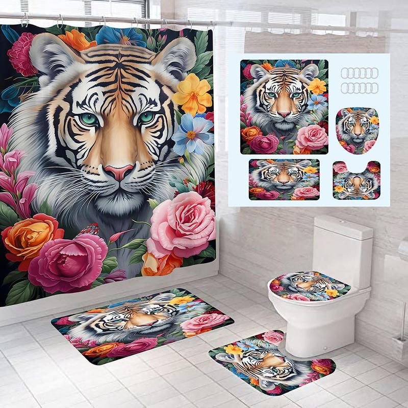 Tiger/Frog Pattern Bathroom Shower Set (4?Counts), Including 1 Bathroom Curtain, 1 U-shaped Contour Toilet Mat, 1 Bath Mat, 1 Toilet Lid Seat Cover