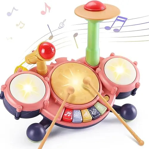 [Baby Gift] Kids Drum Set for Toddlers - with Flash Light, Adjustable Microphone & Piano Keyboard, Electronic Musical Instruments Toys for Boys Girls Gifts