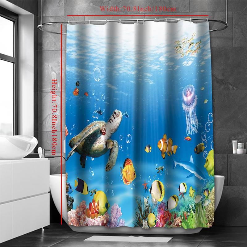 Cartoon Sea Life Pattern Shower Curtain, Cute Bathroom Waterproof Curtain with 12pcs Hooks, Machine Washable Bath Curtain for Home Decor