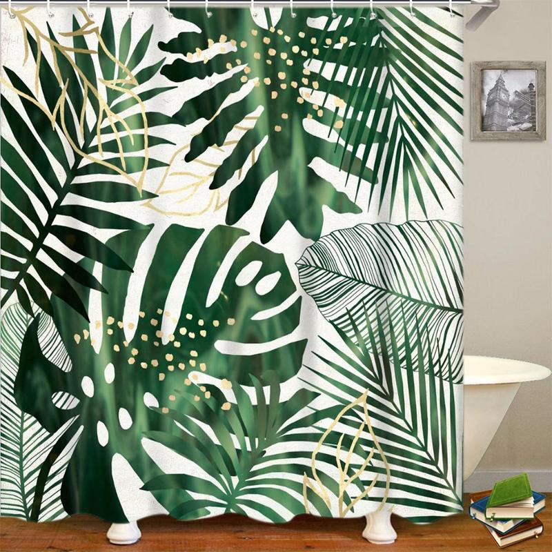 Bathroom Decor Accessories, Tropical Leaf Print Shower Curtain, Boho Style Waterproof Shower Curtain with Hooks, Household Bath Curtain for Home Bathroom