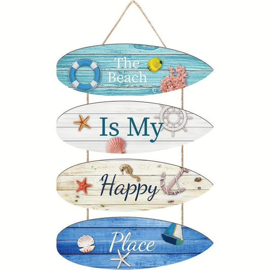 Wooden Letter & Sea Pattern Wall Hanging Decoration, Beach Themed Wall Sign, Ocean Themed Wall Logo Hanging Decoration, Bathroom, Bedroom, Living Room Wood Sign