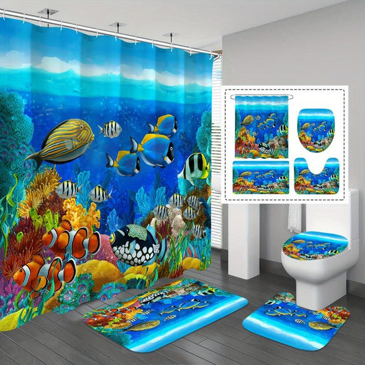 Sea Animal Pattern Shower Curtain Set, 4 Counts Including 1 Waterproof Bathroom Curtain, 1 U-shaped Contour Toilet Mat, 1 Bath Mat and 1 Toilet Lid Seat Cover, Home Bathroom Decoration Set