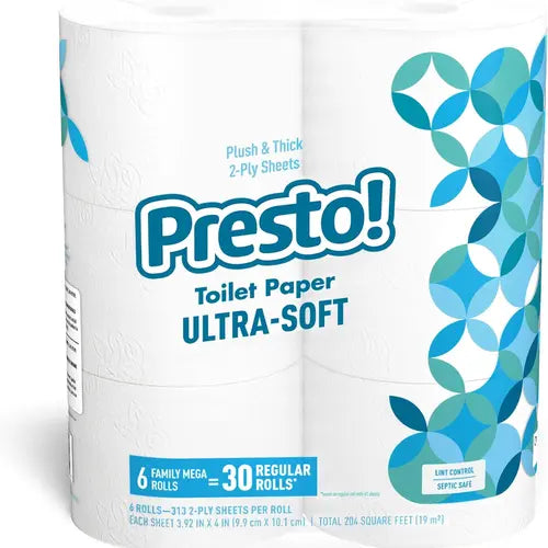 2-Ply Ultra-Soft Toilet Paper, 6 Family Mega Rolls = 30 regular rolls, 1878 Count (6 roll of 313 sheets), Unscented, White Pack Wipes