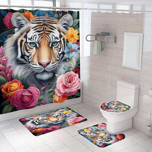 Tiger/Frog Pattern Bathroom Shower Set (4?Counts), Including 1 Bathroom Curtain, 1 U-shaped Contour Toilet Mat, 1 Bath Mat, 1 Toilet Lid Seat Cover