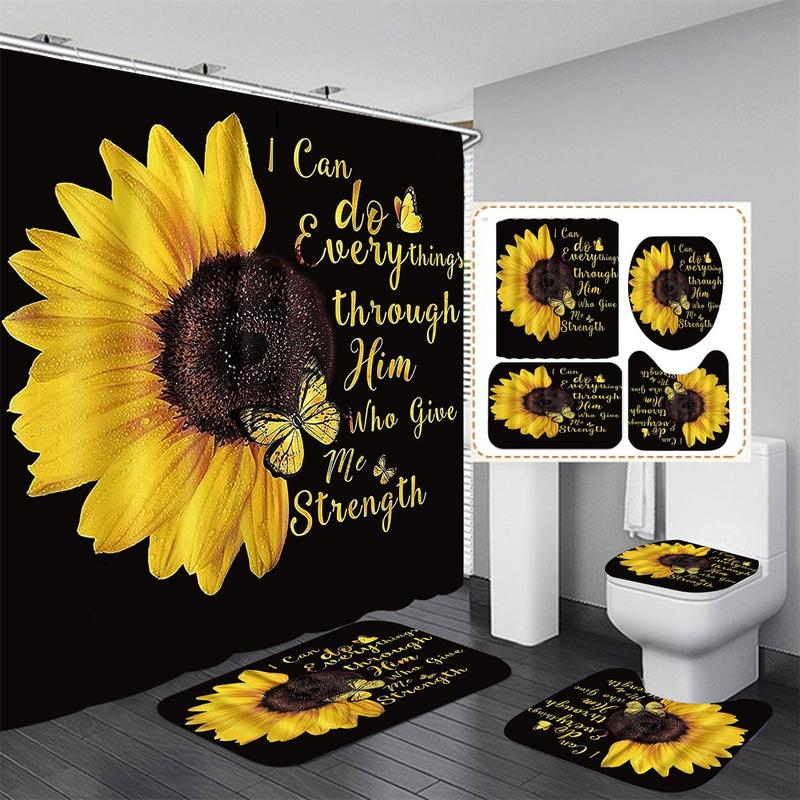 [4 Pcs] Bathroom Shower Curtain Set, Sunflower Style with 12 Hooks