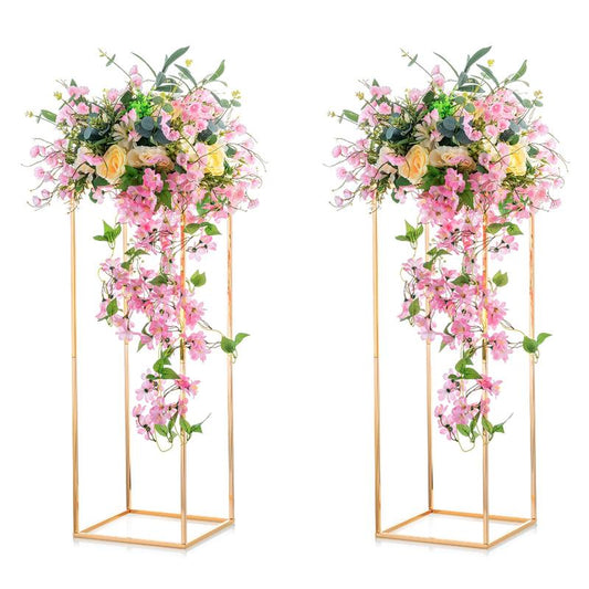 Nuptio set of 2 Metal Flower Floor Vase Column Flower Stand Geometric Centerpieces Vase for Tables, 80cm/31.5in Tall Gold Flower Holder for Home Party Wedding Decorations, Rectangular Flower Display Rack Ornaments