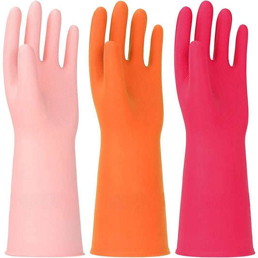 3 Pairs Rubber Cleaning Gloves Latex Free Dishwashing Gloves - 13" Reusable Nitrile Gloves Large, Orange+Pink+Red