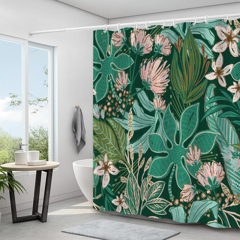 Tropical Jungle Floral Pattern Shower Curtain, Waterproof Shower Curtain with 12 Hooks, Bathroom Accessories, Home Decoration