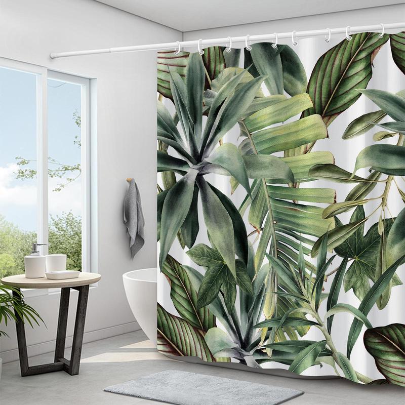 Tropical Leaf Pattern Shower Curtain, Casual Waterproof Shower Curtain with Hooks, Bathroom Accessories, Home Decoration