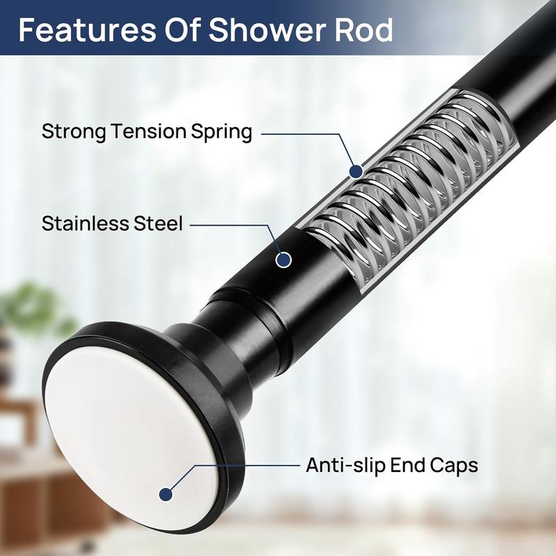 Matte Black Shower Curtain Rod 33 to 75 Inches, 1 Inch Adjustable Spring Tension Curtain Rod No Drill, Stainless Steel Shower Rod for Bathroom, Closet, Window, Room Divider, Never Rust, Non Slip