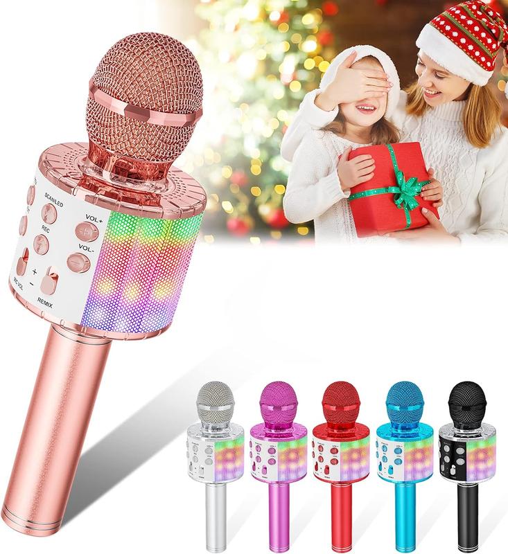 Karaoke Microphone, 5-in-1 Wireless Bluetooth Karaoke Mic for Adults Kids, Handheld Mics Speaker with LED Lights,Christmas Birthday Gifts for All Ages