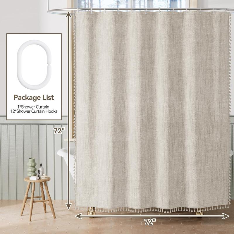 AmazerBath Shower Curtain, Natural Linen Farmhouse Shower Curtain with 3 Side Beige Tassel, Modern Fabric Shower Curtain Boho for Neutral Country Bathroom, 72"x72"