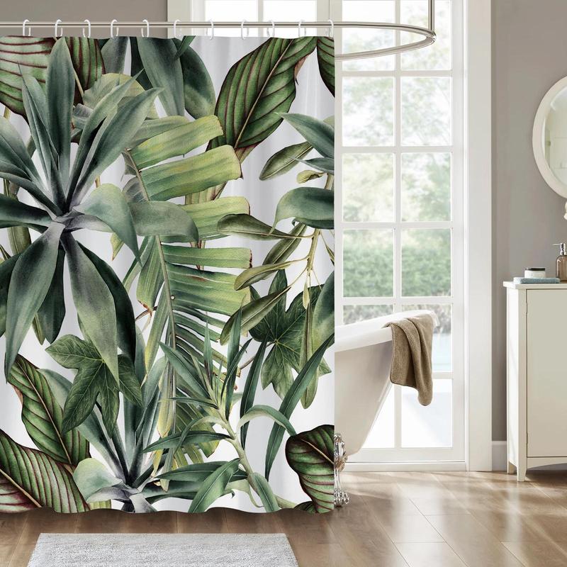 Tropical Leaf Pattern Shower Curtain, Casual Waterproof Shower Curtain with Hooks, Bathroom Accessories, Home Decoration