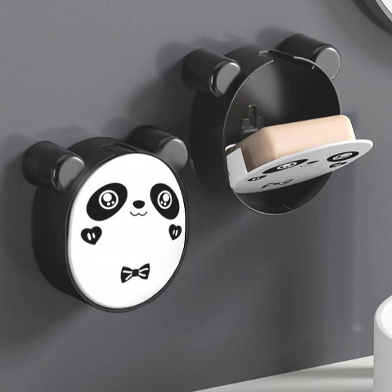 Multi-function Flip Top Cute Panda Design Soap Box (1 Piece), Punch-free Wall Mounted Panda Toilet Paper Roll Holder, Roll Paper Rack for Toilet & Bathroom