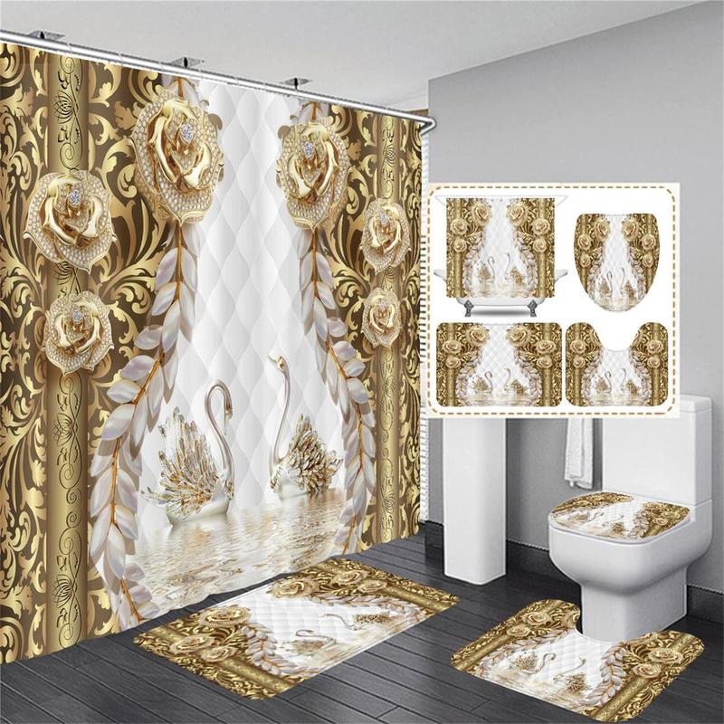 Swan Pattern Shower Curtain Set, 1 Count Shower Curtain with 12pcs Hooks & 1 Count U Shape Toilet Seat & 1 Count Bathroom Mat & 1 Count Toilet Seat Seat