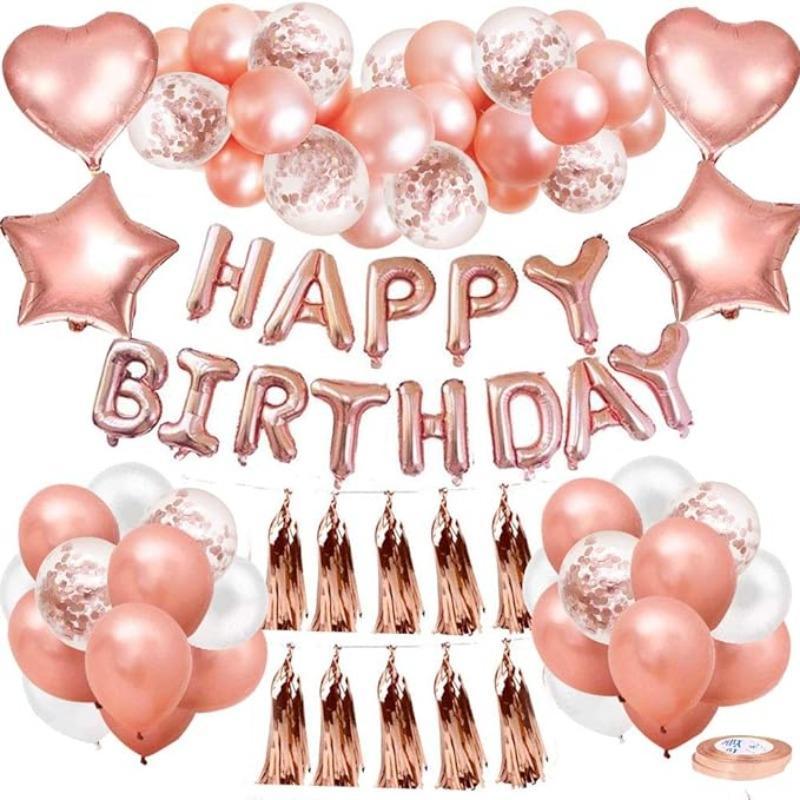 Party Balloon Set, 1 Set Rose Gold Balloon & Happy Birthday Balloon Banner, Confetti Balloon, Metallic Color Balloon, Birthday Party Decoration Supplies