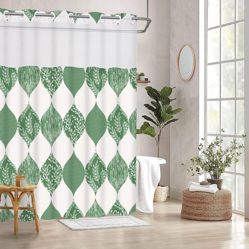 Machine Washable Hookless Shower Curtain | Green Botanical Elegance | Modern No-Hook Design with Built-In Liner for Easy Home Bathroom Decor