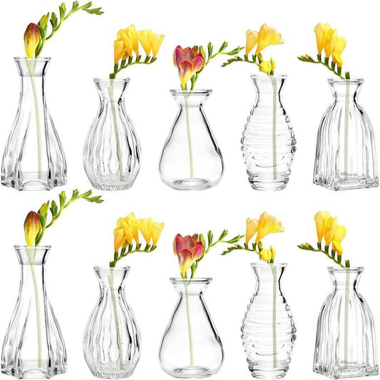 10 Pack Small Glass Bud Vase, Mini Flower Vase for Centerpieces, Clear Vintage Floral Bud Vases for Home Decor, Weddings, Floral Arrangements, Events, Parties