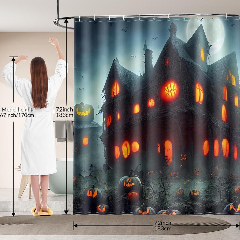 Halloween Themed Shower Curtain, Skull & Pumpkin & Castle Pattern Bathroom Curtain with 12pcs Hooks, Waterproof Shower Curtain for Bathroom Decor