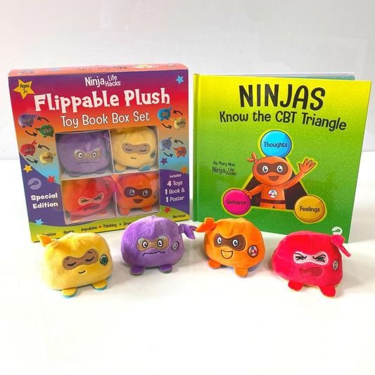 Ninja Life Hacks Flippable Toy CBT Book Box Gift Set (Angry Ninja + Positive Ninja, Nervous + Calm Ninja, Anxious + Brave Ninja, Thinking + Impulsive Ninja)