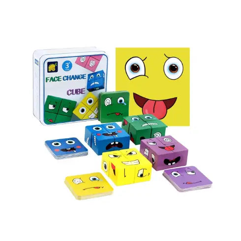 Speed Cube Wooden Expressions Matching Block Puzzles Cute Portable Face-Changing Cube Building Cubes Blocks Parent-Child Board Educational Games juguete