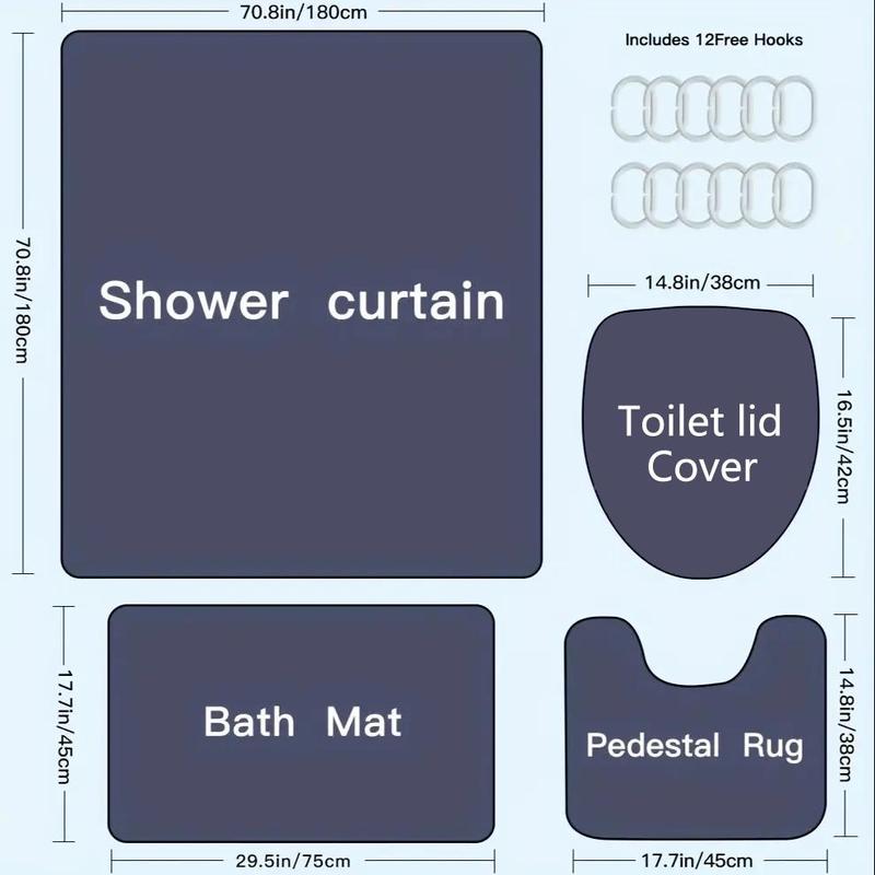 Tree & Cat Print Bathroom Set, Including 1 Waterproof Shower Curtain (with 12 Hooks) & 1 Toilet Seat Cover & 1 Rectangle Bath Mat & 1 U-shaped Toilet Mat