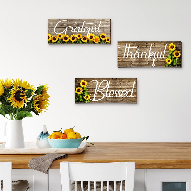 Wooden Letter & Sunflower Pattern Sign, 3pcs/set Grateful Thankful Blessed Wall Art Sign, Wall Decor for Home Living Room Bedroom