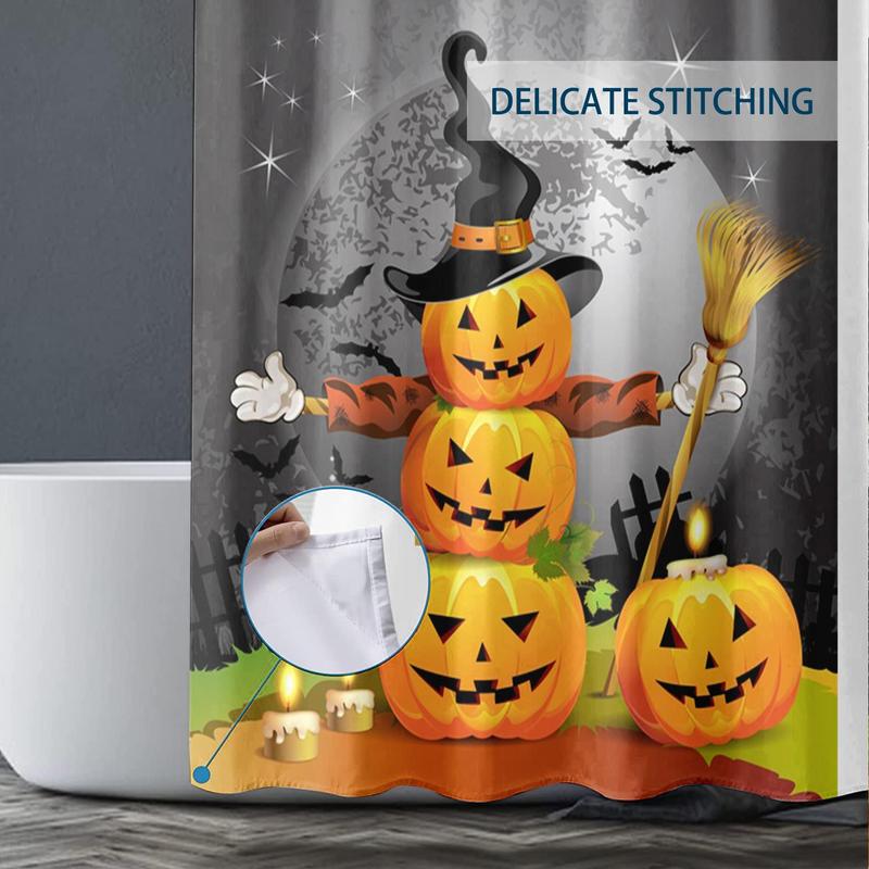 Halloween Cartoon Pumpkin Pattern Shower Curtain, Waterproof Bathroom Curtain with 12 Hooks, Bathroom Accessories, Bathroom Decor Ideas, Halloween Decoration