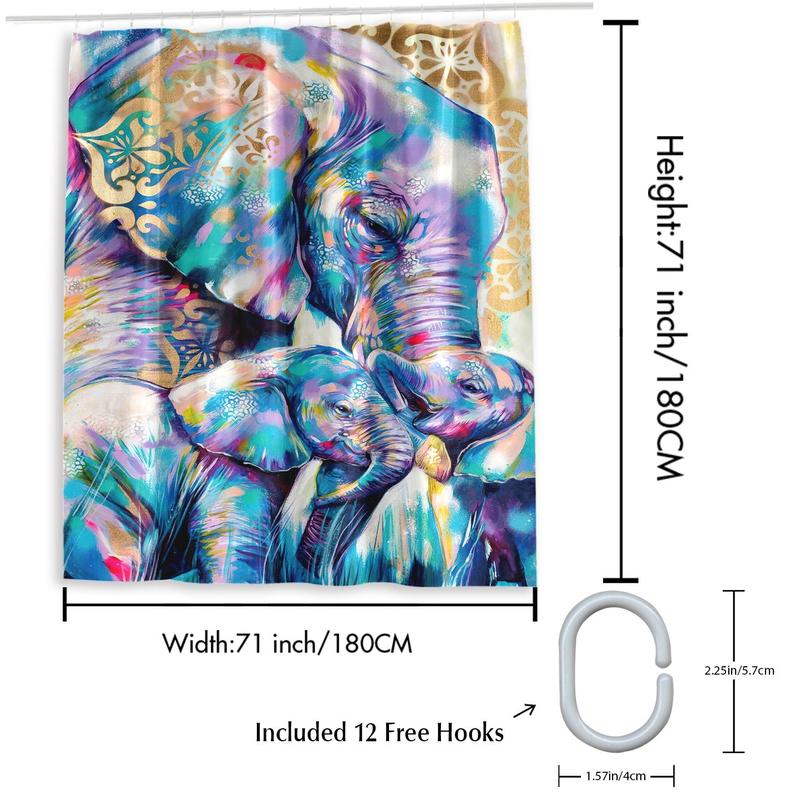 Elephant Pattern Shower Curtain Without Shower Curtain Rod, 1 Piece Waterproof Shower Curtain With 12pcs Hook, Bathroom Decoration Supplies