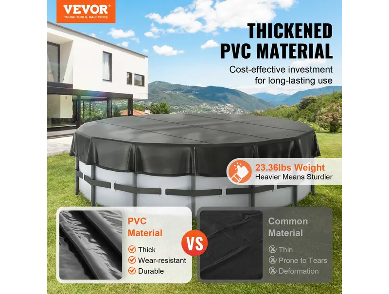 VEVOR 18 Ft Round Pool Cover, Solar Covers for Above Ground Pools, Safety Pool Cover with Drawstring Design, PVC Summer Pool Cover, Waterproof and Dustproof, Black