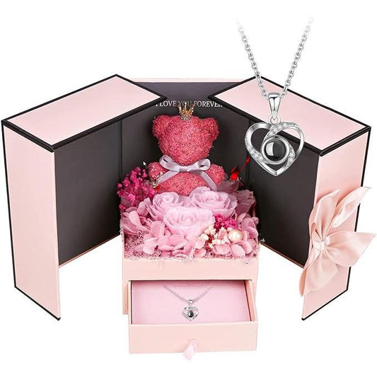 ASELFAD Valentines Day Gifts, Moss Bear with Three Pink Roses Forever Flowers Gift Box, Gifts fo...