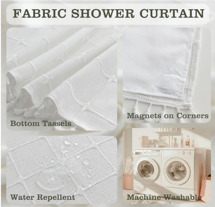 Farmhouse Shower Curtain with Snap-in Liner, No Hooks Needed ,Fabric Shower Curtains with Tassels for Rustic Bathroom Decor,with Window,with Magnets,Water Repellent&Machine Washable,White,71x74Inch