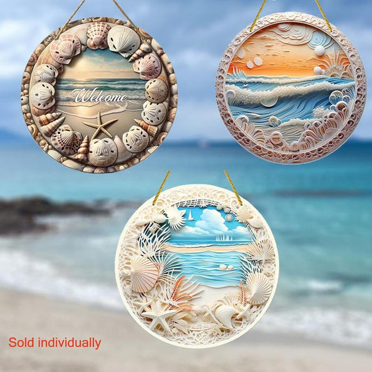 Summer Sea Shell Pattern Round Hanging Ornament, 1 Count 3D Embossed Hanging Decorative Plaque, Creative Hanging Decor for Home Garden Party