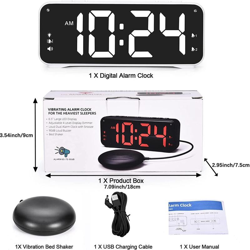 6.5 Inch Led Digital Vibrating Alarm Clock, 1 Count Usb Large Display Digital Clock with 4 Modes, Bed Shaker Alarm Clock for Home Use