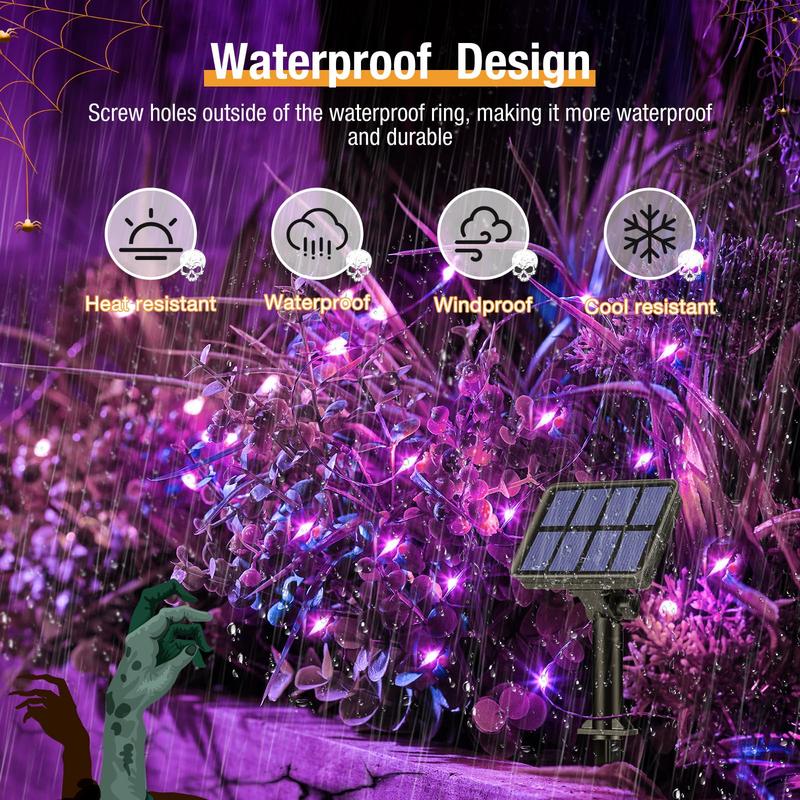 Happy Halloween!! 4 Pack Solar Halloween String Lights Outdoor, 320LED 132FT Orange Purple Solar Fairy Lights Outside Waterproof, 8 Modes Solar Powered Twinkle Lights for Tree Garden Patio Halloween Decorations