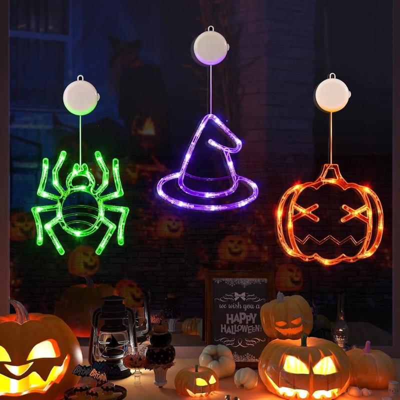 LOLStar Halloween Decorations 3 Pack Orange Pumpkin Green Spider Purple Witch Hat Halloween Window Lights with Suction Cup Battery Operated Halloween Lights, Upgrade Slow Fade Mode Timer Function