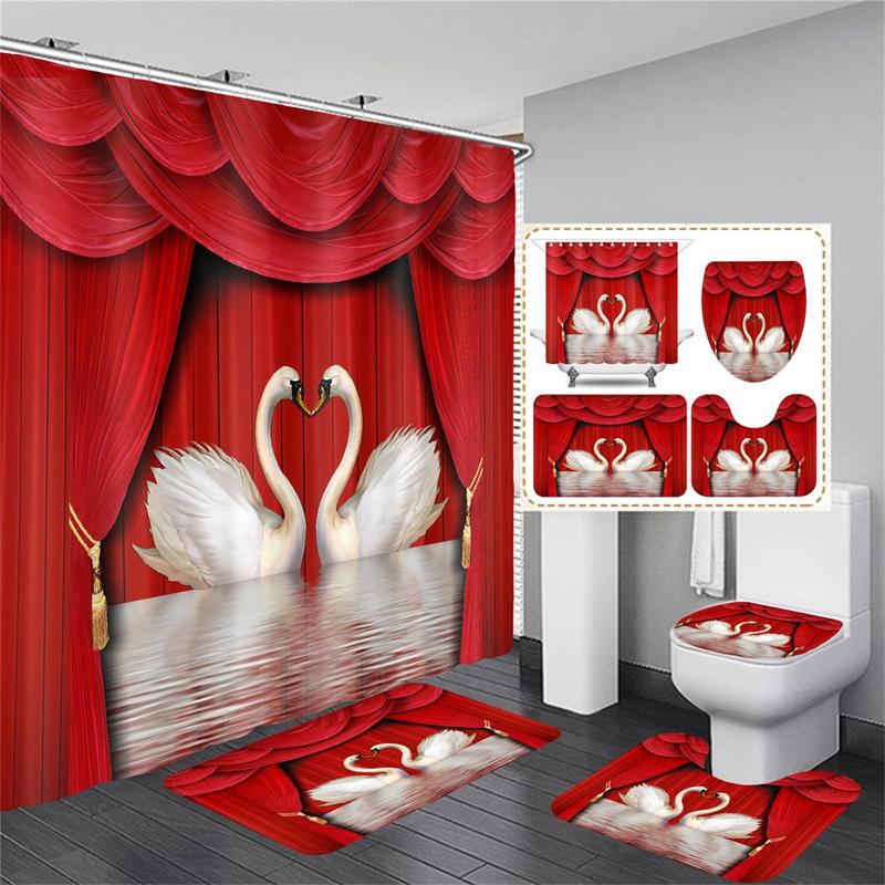 Romantic Swan Pattern Bathroom Curtain Set, 4 Counts/set Including Shower Curtain with 12pcs Hook, Toilet Lid Cover, U-shaped & Rectangular Mat, Bathroom Decor Set